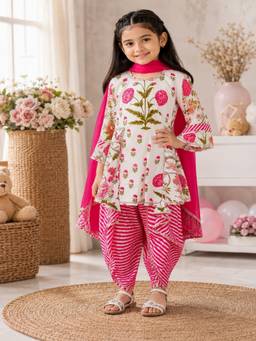 Rangi Saga - Girls Pink And White Mughal Boota Side Tie-Up Kurta With Dhoti