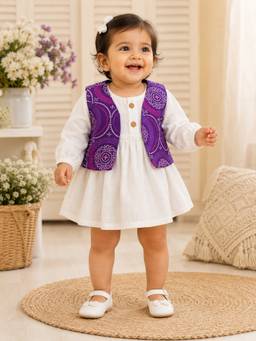 Rangi Saga - Girls Purple Cotton Dress With Bandhej Jacket And Bloomer