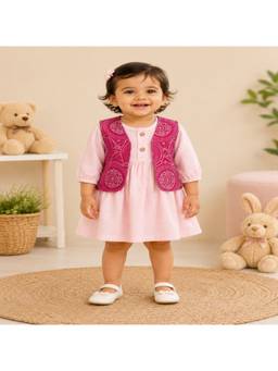 Rangi Saga - Girls Pink Cotton Dress With Bandhej Jacket And Bloomer