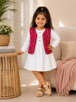 Rangi Saga - Girls Red Cotton Dress With Bandhej Jacket And Bloomer