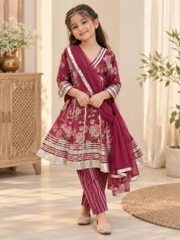 Rangi Saga - Girls Maroon Floral Anarkali Kurta With Pant And Dupatta