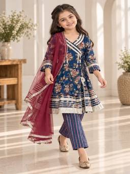 Rangi Saga - Girls Navy Blue Floral Anarkali Kurta With Pant And Dupatta