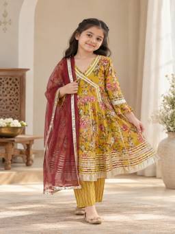 Rangi Saga - Girls Mustard Floral Anarkali Kurta With Pant And Dupatta