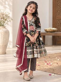 Rangi Saga - Girls Black Floral Anarkali Kurta With Pant And Dupatta