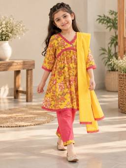 Rangi Saga - Girls Yellow Floral Flared Kurta With Pant And Dupatta