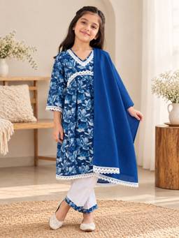 Rangi Saga - Girls Blue Floral Flared Kurta With Pant And Dupatta