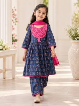 Rangi Saga - Girls Navy Blue Mughal Boota Flared Kurta Pant And Dupatta