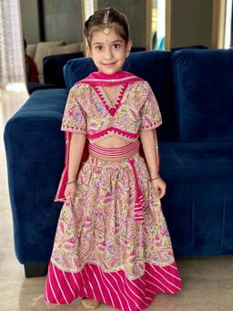 Rangi Saga - Girls Pink Paisley Printed Cotton Lehenga Choli Set With Dupatta