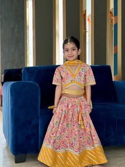 Rangi Saga - Girls Mustard Paisley Printed Cotton Lehenga Choli Set With Dupatta
