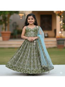 Rangi Saga - Girls Green Block Print Cotton Lehenga Choli Set With Dupatta