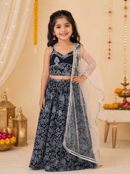 Rangi Saga - Girls Black Discharge Print Cotton Lehenga Choli With Dupatta