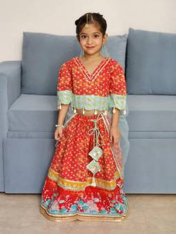 Rangi Saga - Girls Red Floral Printed Cotton Lehenga Choli Set With Dupatta