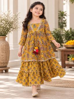 Rangi Saga - Mustard Block Print Lehenga Choli With Potli (Set Of 3)