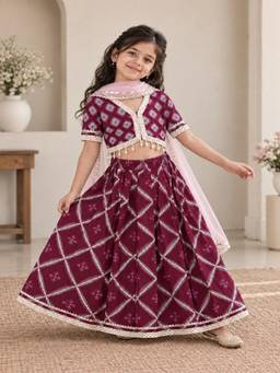 Rangi Saga - Girls Wine Jaal Buta Print Lehenga Choli With Net Dupatta
