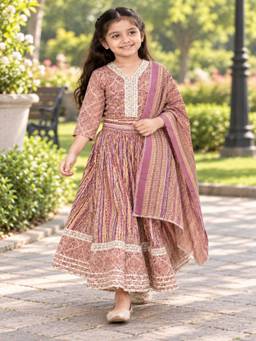 Rangi Saga - Girls Onion Pink Ajrakh Print Cotton Lehenga Choli Set