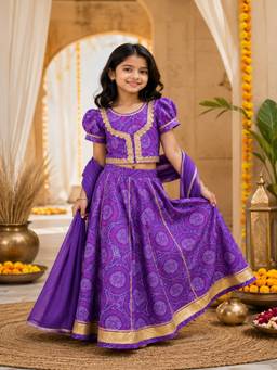 Rangi Saga - Girls Purple Bandhej Print Cotton Lehenga Choli With Dupatta