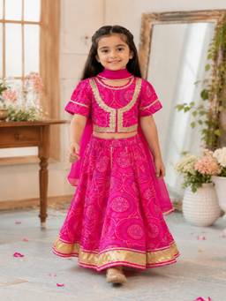 Rangi Saga - Girls Pink Bandhej Print Cotton Lehenga Choli With Dupatta