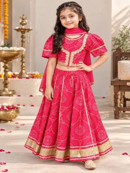 Rangi Saga - Girls Red Bandhej Print Cotton Lehenga Choli With Dupatta