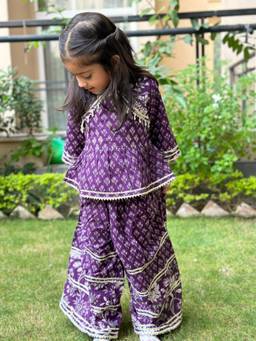 Rangi Saga - Girls Purple Floral Printed Anarkali Crop Kurti With Palazzo