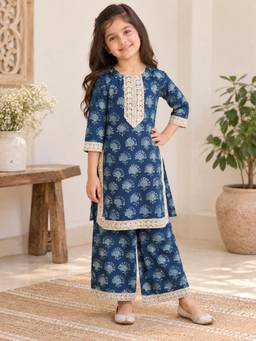 Rangi Saga - Girls Blue Block Print Straight Kurta And Palazzo
