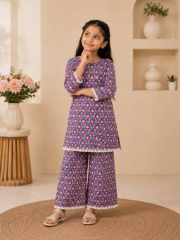 Rangi Saga - Girls Purple Floral Straight Kurta With Palazzo
