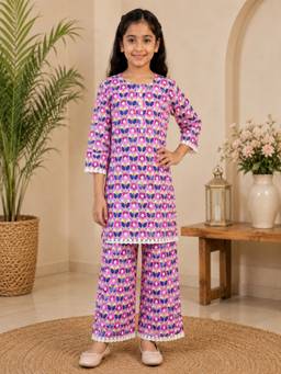 Rangi Saga - Girls Pink Floral Straight Kurta With Palazzo