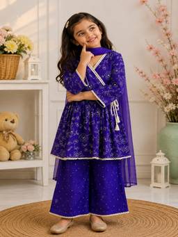 Rangi Saga - Girls Violet Mul Cotton Embroidered Kurta With Palazzo And Dupatta
