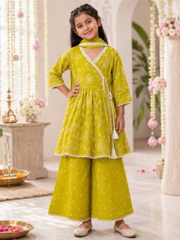 Rangi Saga - Girls Lime Green Embroidered Angrakha Kurta Palazzo And Dupatta