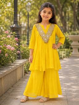 Rangi Saga - Girls Yellow Solid Mul Chanderi Flared Kurta With Palazzo