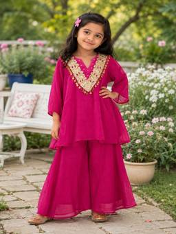Rangi Saga - Girls Rani Pink Mul Chanderi Flared A-Line Kurta With Palazzo