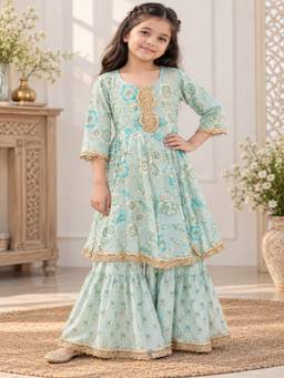 Rangi Saga - Girls Tea Green Floral Print Cambric Cotton Anarkali Kurta With Sharara