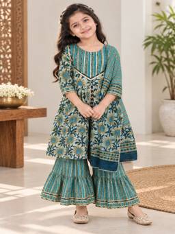 Rangi Saga - Girls Aqua Green Abstract Print Anarkali Sharara