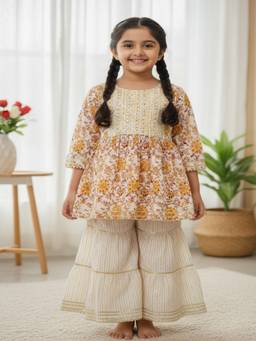 Rangi Saga - Girls Off White Screen Printed Anarkali Suit Sharara