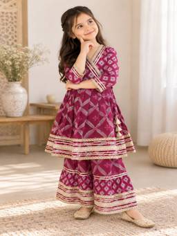 Rangi Saga - Girls Wine Jaal Butta Printed Kalidar Anarkali Suit Sharara