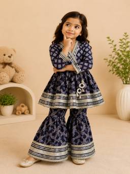 Rangi Saga - Girls Black Jaal Butta Printed Kalidar Anarkali Suit Sharara