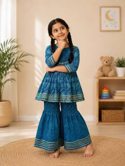 Rangi Saga - Girls Blue Block Printed Cambric Anarkali Kurta And Sharara