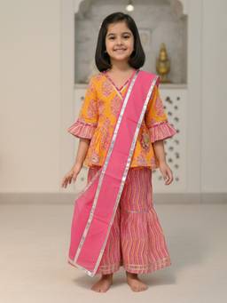 Rangi Saga - Girls Yellow And Pink Block Print Anarkali Kurta Sharara Dupatta