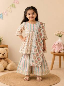 Rangi Saga - Girls Cream Block Print Anarkali Kurta Sharara Dupatta ( Of 3)