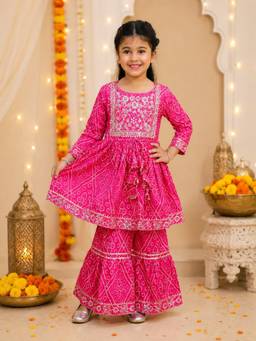 Rangi Saga - Girls Rani Pink Bandhej Print Anarkali Kurta With Sharara