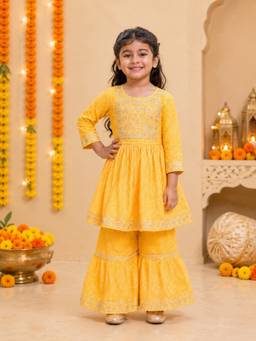 Rangi Saga - Girls Yellow Bandhej Print Anarkali Kurta With Sharara