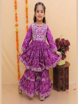Rangi Saga - Girls Purple Bandhej Print Anarkali Kurta With Sharara