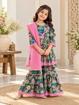 Rangi Saga - Girls Olive Green Floral Kurta With Sharara And Dupatta ( Of 3)