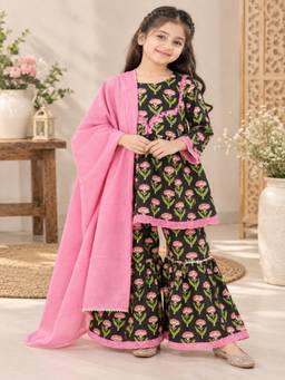Rangi Saga - Girls Pink And Black Floral Kurta With Sharara And Dupatta ( Of 3)