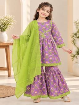 Rangi Saga - Girls Lavender Floral Kurta With Sharara And Dupatta ( Of 3)