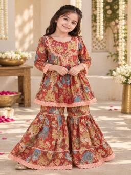 Rangi Saga - Girls Maroon Floral Kurta With Sharara And Dupatta ( Of 3)