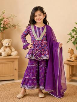 Rangi Saga - Girls Purple Patola Print Flared Kurta Sharara And Dupatta