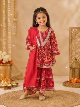 Rangi Saga - Girls Red Patola Kurta With Sharara And Dupatta ( Of 3)
