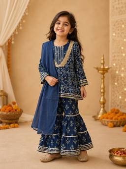 Rangi Saga - Girls Navy Blue Patola Kurta With Sharara And Dupatta ( Of 3)
