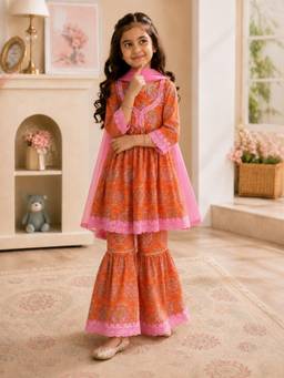 Rangi Saga - Girls Orange Paan Boota Kurta With Sharara And Dupatta ( Of 3)
