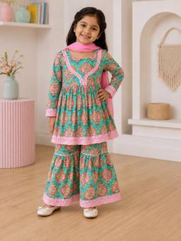 Rangi Saga - Girls Aqua Green Paan Boota Kurta With Sharara And Dupatta ( Of 3)